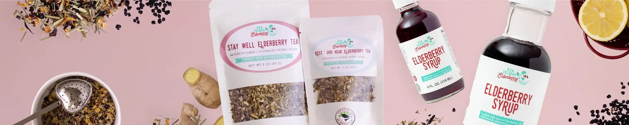 An assortment of Sea Island Organics elderberry products and ingredients on a counter.